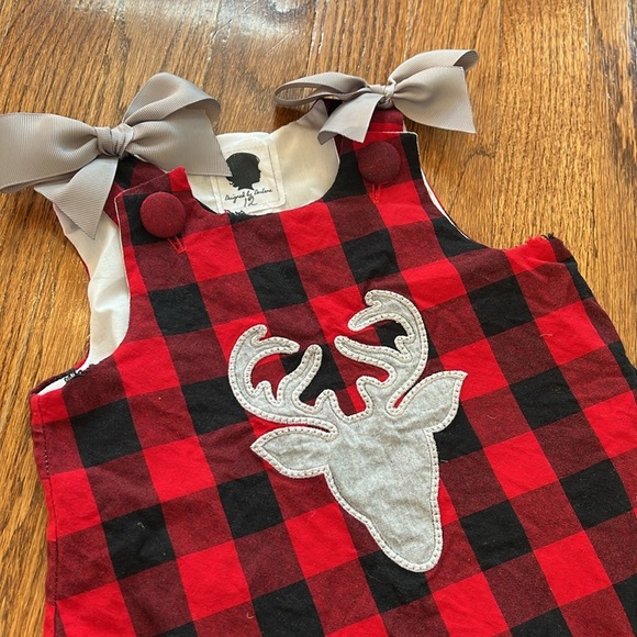 RED AND BLACK BUFFALO PLAID WITH GREY REINDEER DRESS - 12M - Picture 10 of 10